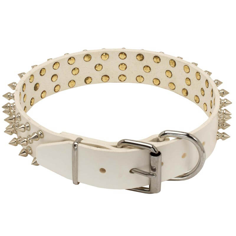 Spiked White Leather Dog collar
